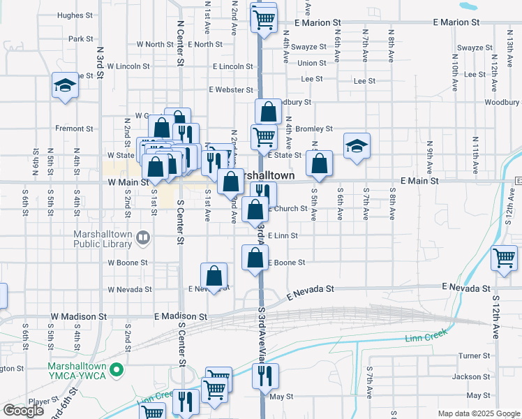 map of restaurants, bars, coffee shops, grocery stores, and more near Iowa 14 & East Church Street in Marshalltown