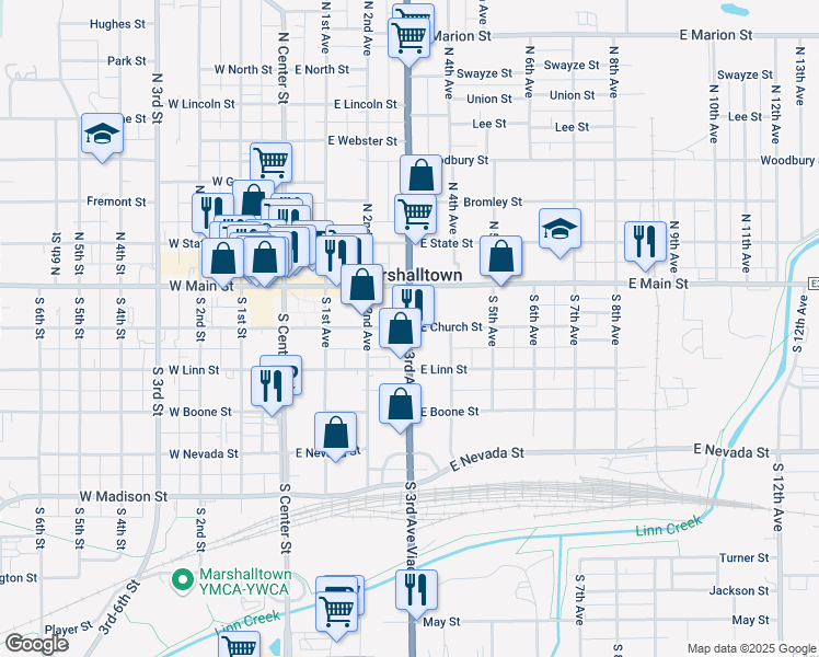 map of restaurants, bars, coffee shops, grocery stores, and more near Iowa 14 & East Church Street in Marshalltown