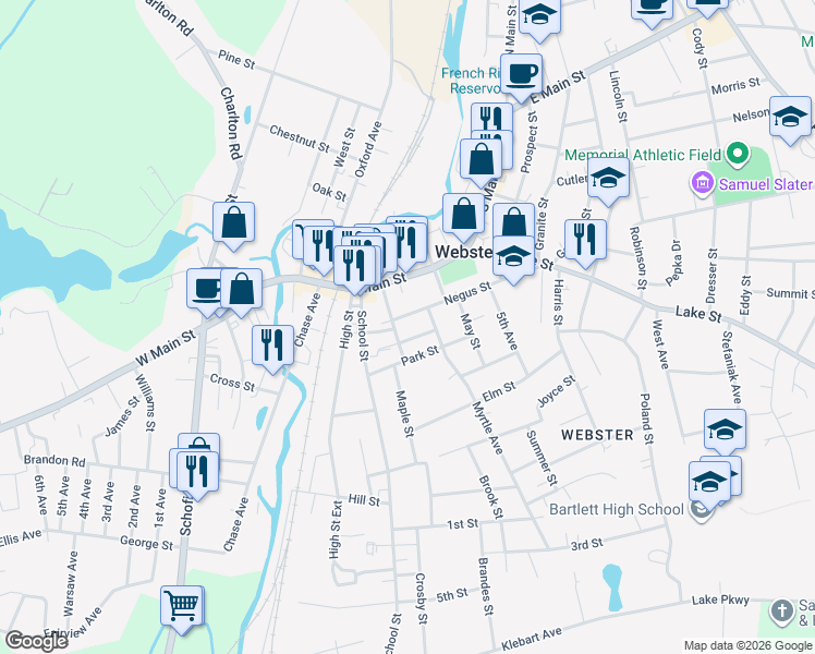 map of restaurants, bars, coffee shops, grocery stores, and more near in Webster