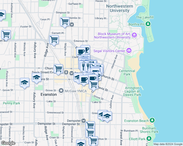 map of restaurants, bars, coffee shops, grocery stores, and more near 1702 Chicago Avenue in Evanston