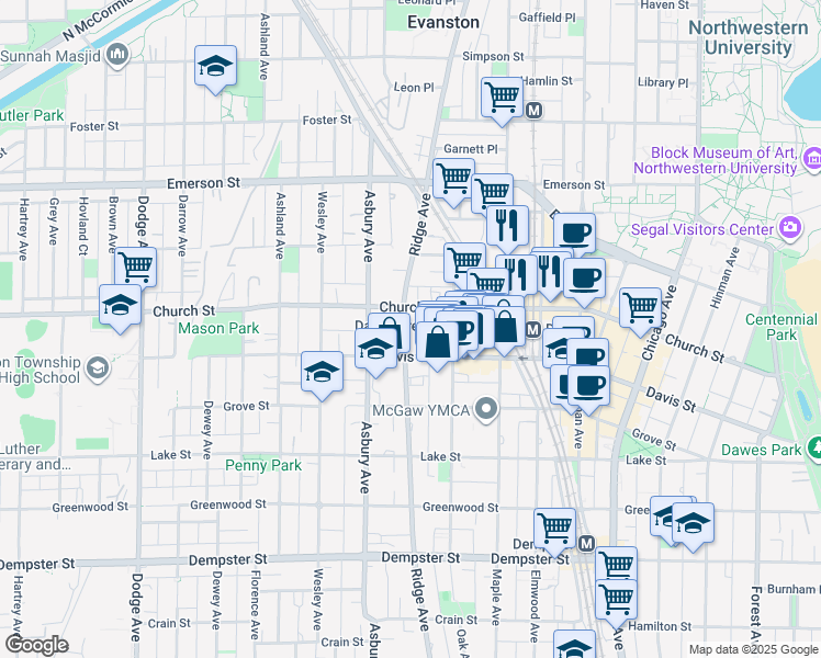 map of restaurants, bars, coffee shops, grocery stores, and more near 1621 Ridge Avenue in Evanston