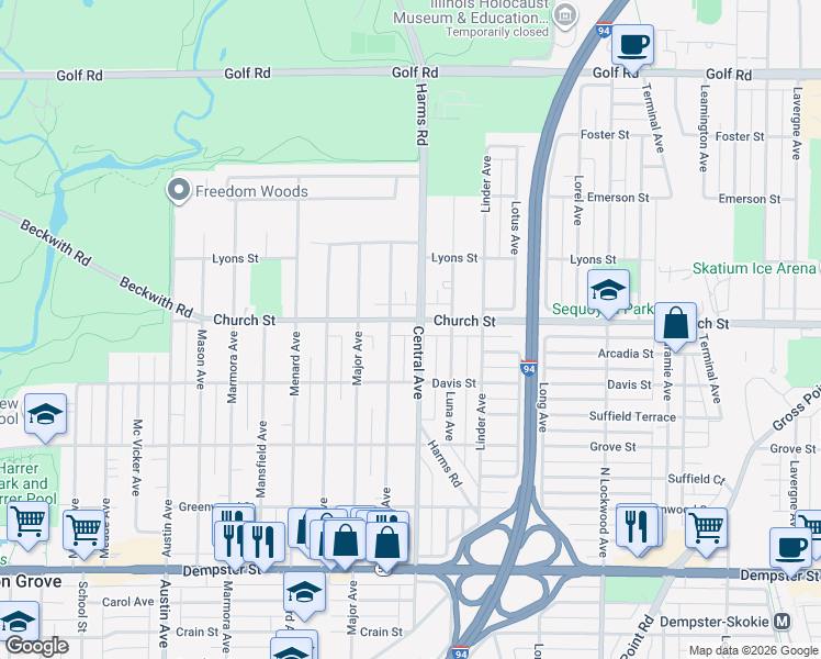map of restaurants, bars, coffee shops, grocery stores, and more near 5601 Church Street in Morton Grove