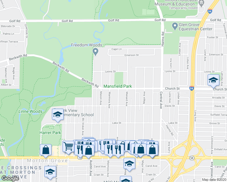 map of restaurants, bars, coffee shops, grocery stores, and more near 5819 Church Street in Morton Grove