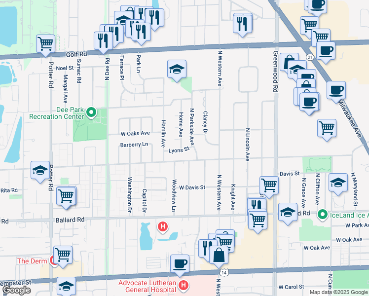 map of restaurants, bars, coffee shops, grocery stores, and more near 8940 Lyons Street in Des Plaines
