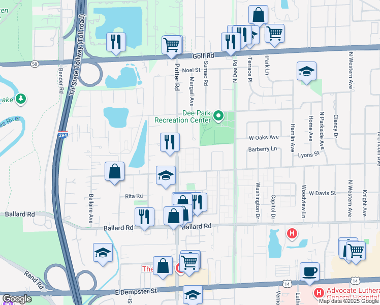 map of restaurants, bars, coffee shops, grocery stores, and more near 9209 Potter Road in Des Plaines