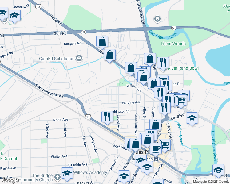 map of restaurants, bars, coffee shops, grocery stores, and more near 1248 Evergreen Avenue in Des Plaines
