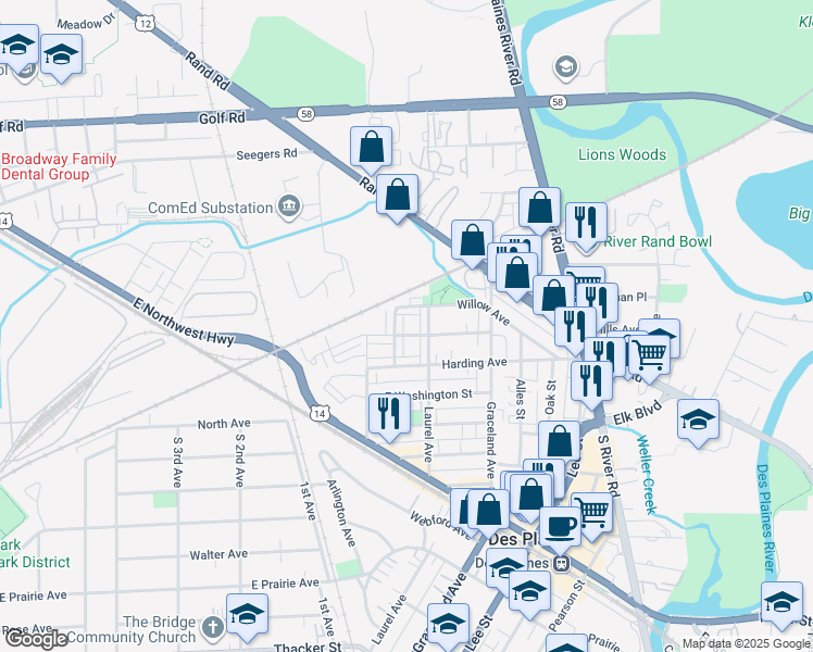 map of restaurants, bars, coffee shops, grocery stores, and more near 1248 Evergreen Avenue in Des Plaines