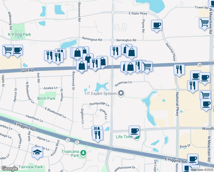 map of restaurants, bars, coffee shops, grocery stores, and more near 1024 North Plum Grove Road in Schaumburg