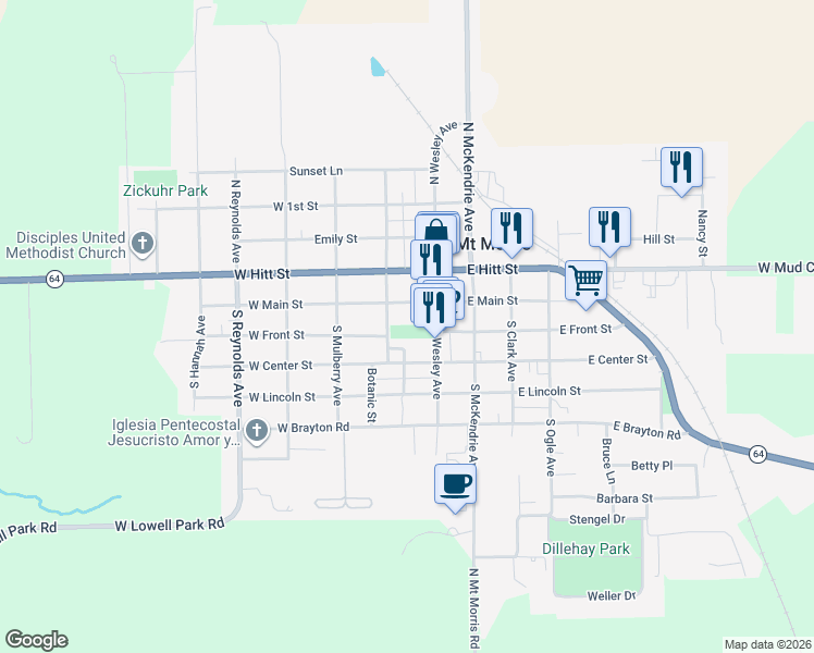 map of restaurants, bars, coffee shops, grocery stores, and more near in Mount Morris
