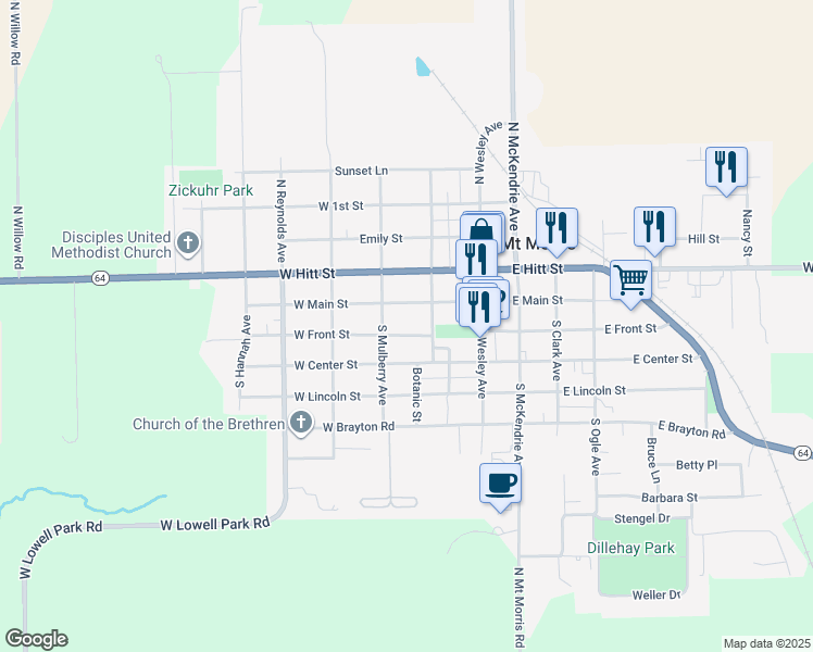 map of restaurants, bars, coffee shops, grocery stores, and more near 106 West Front Street in Mount Morris