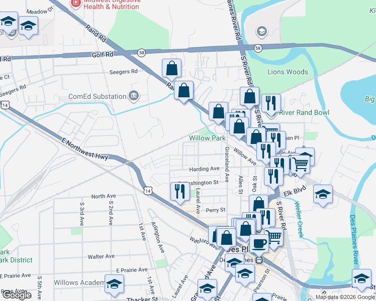 map of restaurants, bars, coffee shops, grocery stores, and more near 1248 Evergreen Avenue in Des Plaines