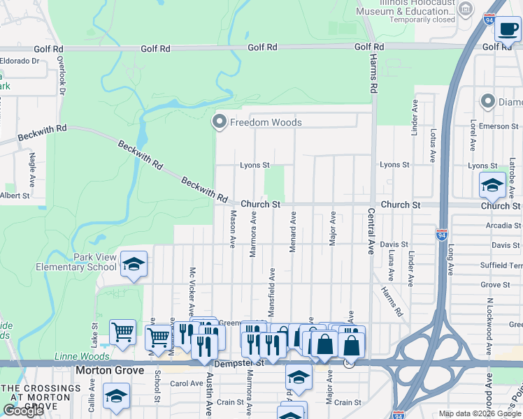map of restaurants, bars, coffee shops, grocery stores, and more near 5819 Church Street in Morton Grove