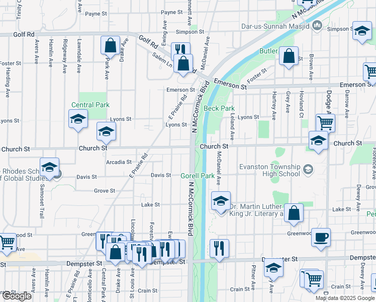 map of restaurants, bars, coffee shops, grocery stores, and more near 3301 Church Street in Evanston