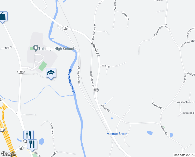map of restaurants, bars, coffee shops, grocery stores, and more near 256 Millville Road in Uxbridge