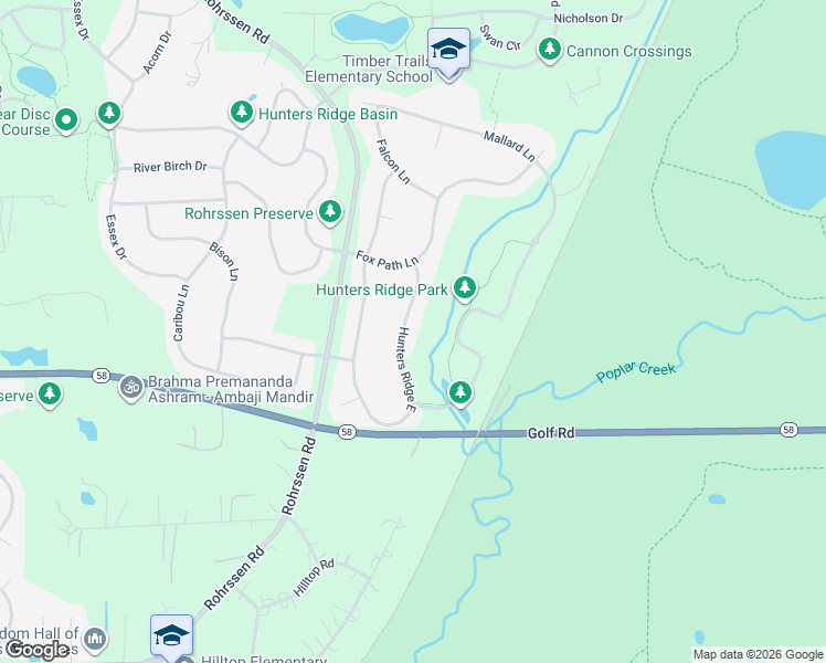 map of restaurants, bars, coffee shops, grocery stores, and more near 1305 Hunters Ridge East in Hoffman Estates