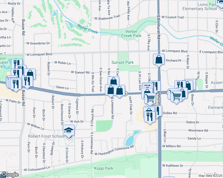 map of restaurants, bars, coffee shops, grocery stores, and more near 919 South Na Wa Ta Avenue in Mount Prospect