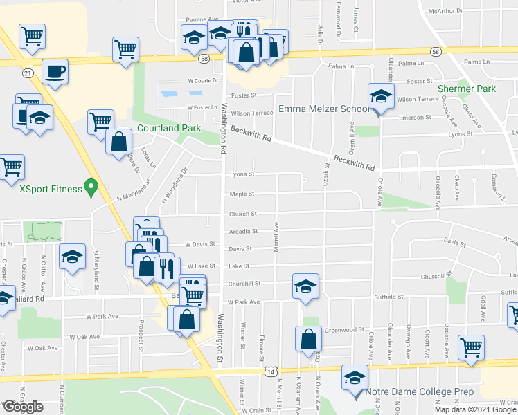 map of restaurants, bars, coffee shops, grocery stores, and more near 7900 Church Street in Morton Grove