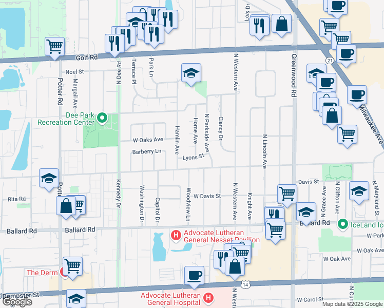 map of restaurants, bars, coffee shops, grocery stores, and more near 8940 Lyons Street in Des Plaines