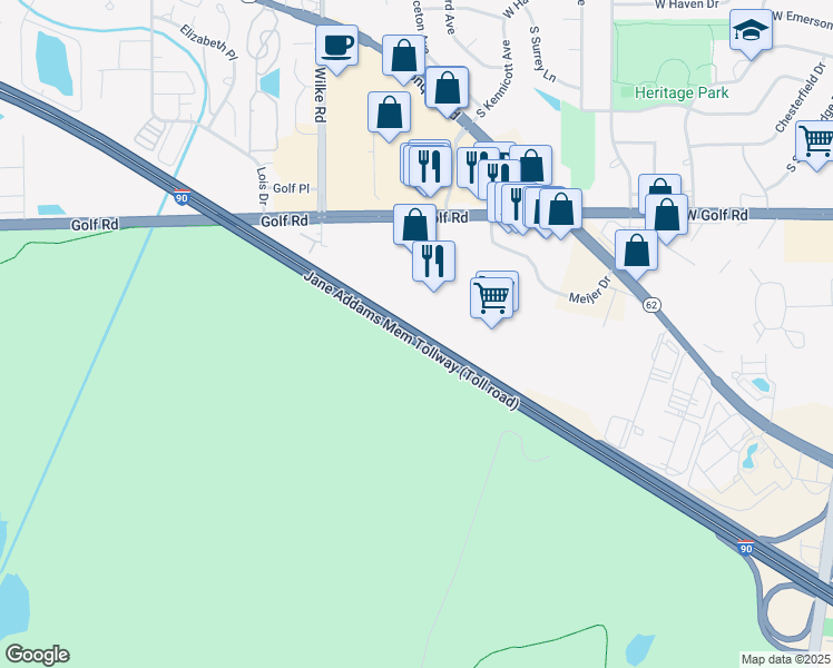 map of restaurants, bars, coffee shops, grocery stores, and more near Jane Addams Memorial Tollway in Rolling Meadows