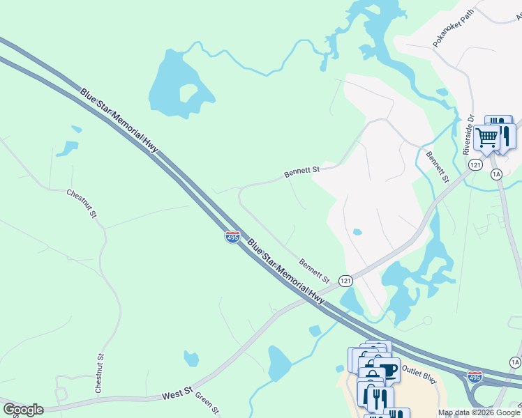 map of restaurants, bars, coffee shops, grocery stores, and more near 325 Bennett St in Wrentham