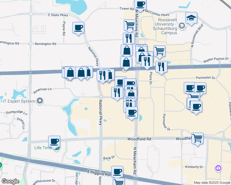 map of restaurants, bars, coffee shops, grocery stores, and more near 1300 American Lane in Schaumburg