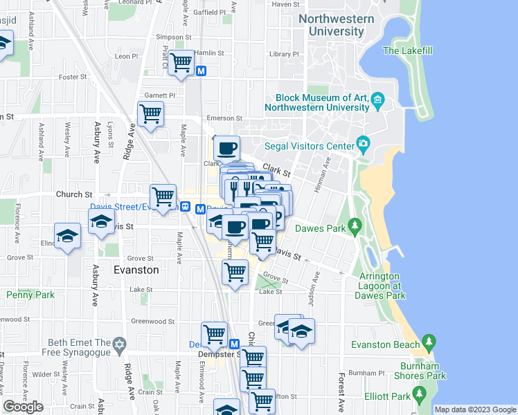 map of restaurants, bars, coffee shops, grocery stores, and more near 620 Church Street in Evanston
