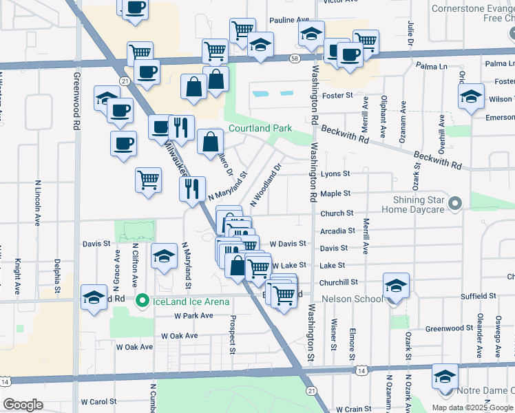 map of restaurants, bars, coffee shops, grocery stores, and more near 9215 North Woodland Drive in Niles