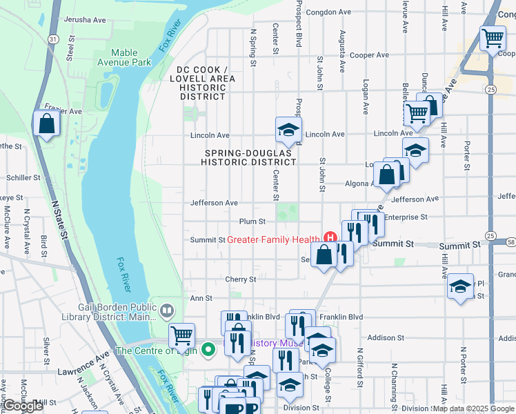 map of restaurants, bars, coffee shops, grocery stores, and more near 573 North Spring Street in Elgin