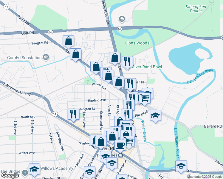 map of restaurants, bars, coffee shops, grocery stores, and more near 1438 Willow Avenue in Des Plaines