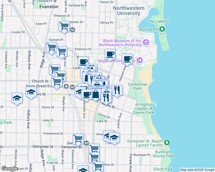 map of restaurants, bars, coffee shops, grocery stores, and more near 1715 Chicago Avenue in Evanston