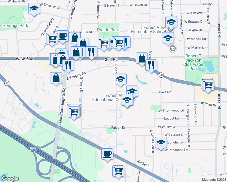 map of restaurants, bars, coffee shops, grocery stores, and more near 2026 South Goebbert Road in Arlington Heights