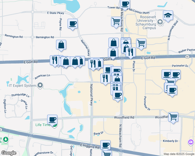 map of restaurants, bars, coffee shops, grocery stores, and more near 1200 American Lane in Schaumburg