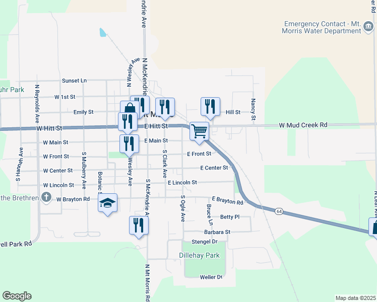 map of restaurants, bars, coffee shops, grocery stores, and more near 304 East Front Street in Mount Morris