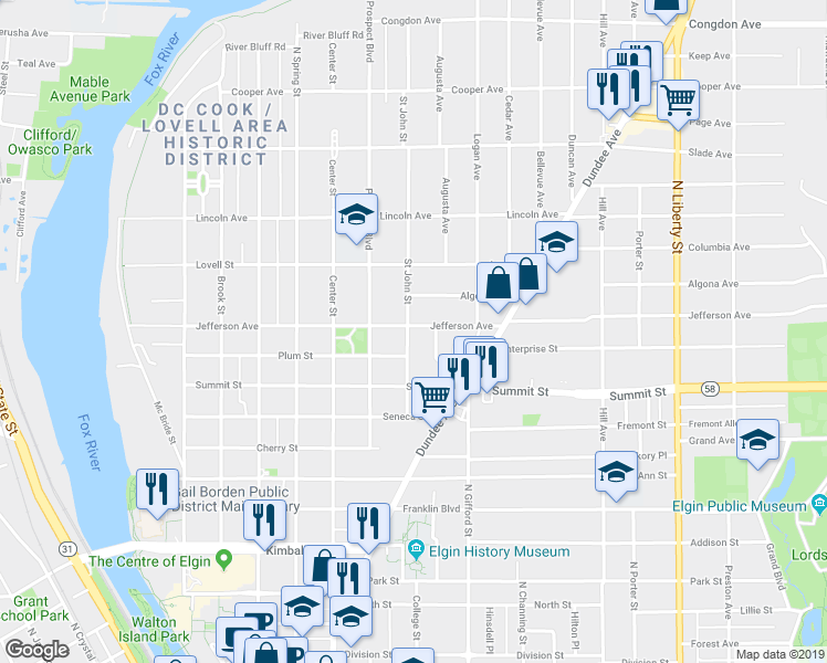 map of restaurants, bars, coffee shops, grocery stores, and more near 351 Jefferson Avenue in Elgin