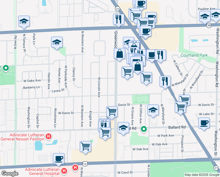 map of restaurants, bars, coffee shops, grocery stores, and more near 9219 Delphia Street in Des Plaines