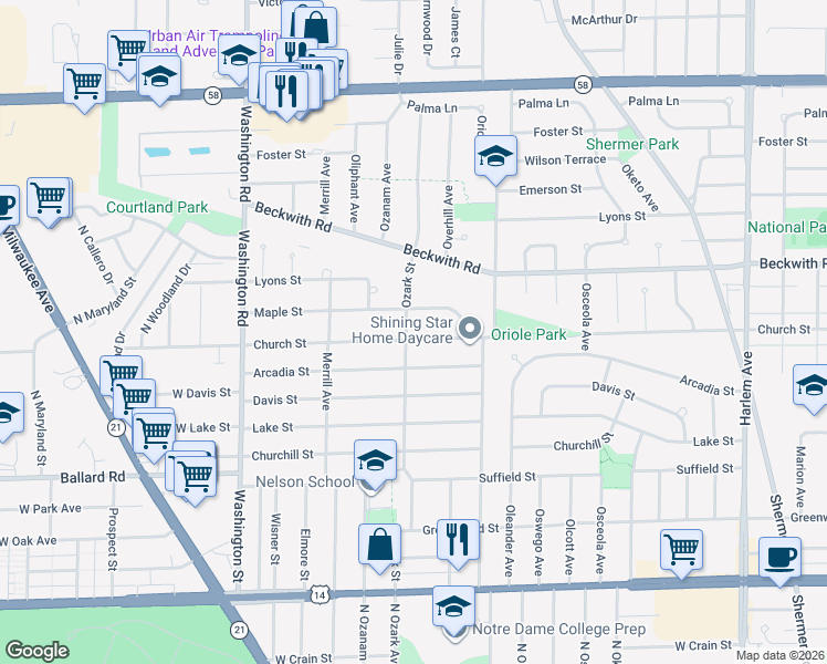 map of restaurants, bars, coffee shops, grocery stores, and more near 9207 Ozark Street in Morton Grove