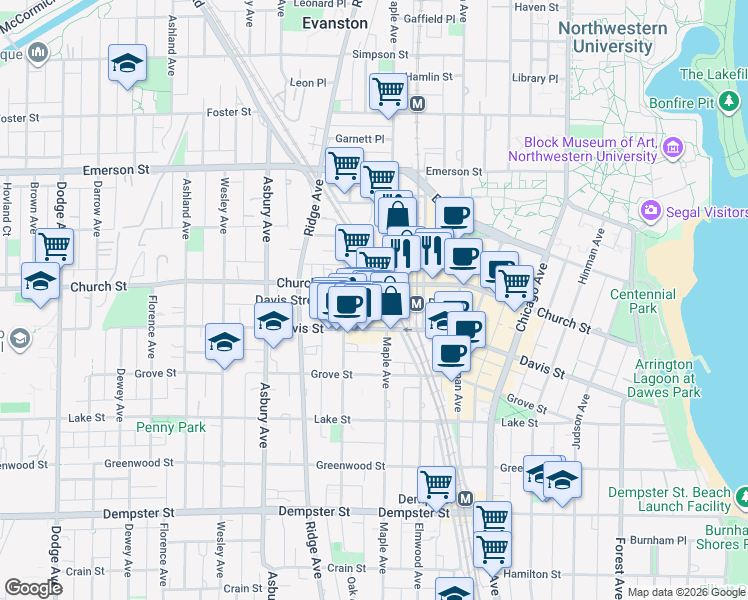 map of restaurants, bars, coffee shops, grocery stores, and more near 1630 Maple Avenue in Evanston