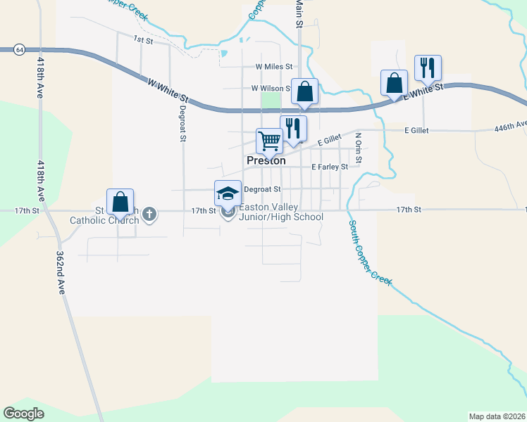 map of restaurants, bars, coffee shops, grocery stores, and more near 199 West School Street in Preston
