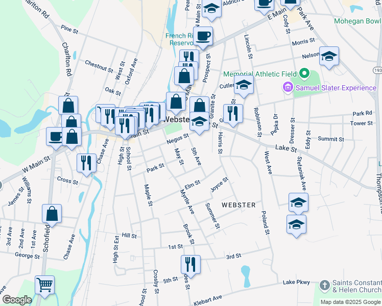 map of restaurants, bars, coffee shops, grocery stores, and more near 17 5th Avenue in Webster