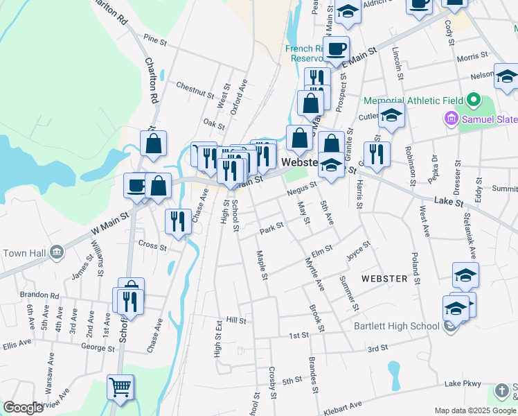 map of restaurants, bars, coffee shops, grocery stores, and more near in Webster