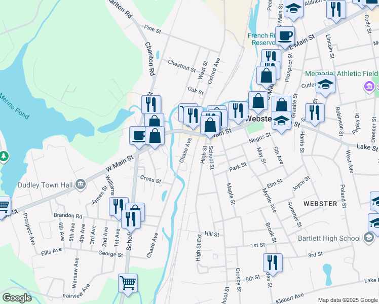 map of restaurants, bars, coffee shops, grocery stores, and more near 97 Chase Avenue in Webster