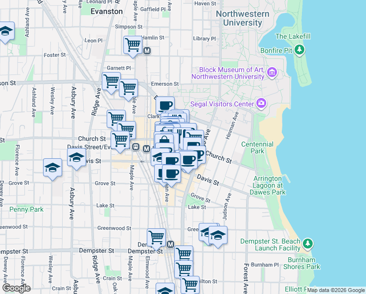 map of restaurants, bars, coffee shops, grocery stores, and more near 1638 Orrington Avenue in Evanston