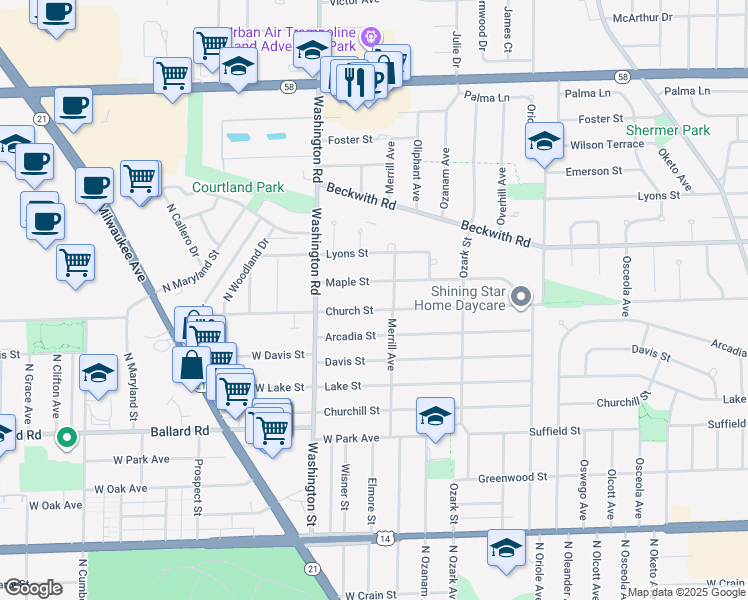 map of restaurants, bars, coffee shops, grocery stores, and more near 7900 Church Street in Morton Grove