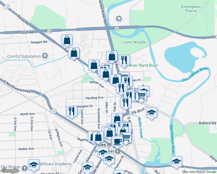 map of restaurants, bars, coffee shops, grocery stores, and more near 1438 Willow Avenue in Des Plaines