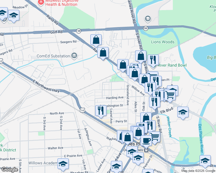 map of restaurants, bars, coffee shops, grocery stores, and more near 1248 Evergreen Avenue in Des Plaines