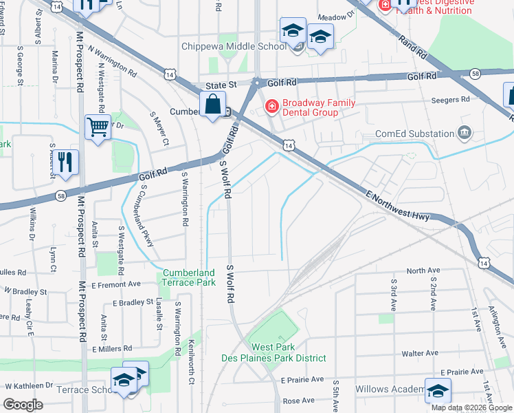 map of restaurants, bars, coffee shops, grocery stores, and more near 289 Oxford Road in Des Plaines