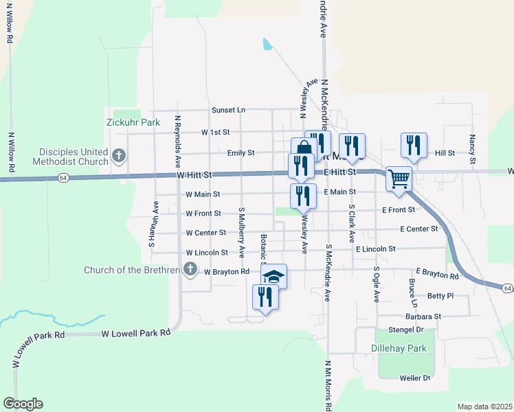 map of restaurants, bars, coffee shops, grocery stores, and more near 106 West Front Street in Mount Morris