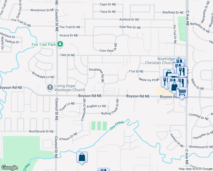 map of restaurants, bars, coffee shops, grocery stores, and more near 6918 E Park Rd NE in Cedar Rapids