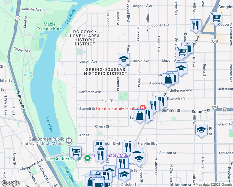 map of restaurants, bars, coffee shops, grocery stores, and more near 570 Center Street in Elgin