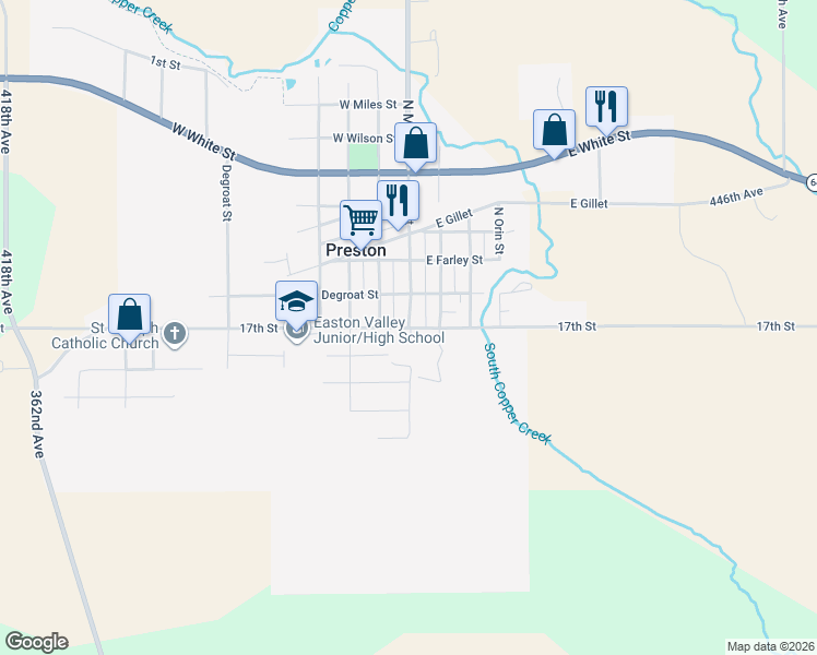 map of restaurants, bars, coffee shops, grocery stores, and more near 1 East School Street in Preston